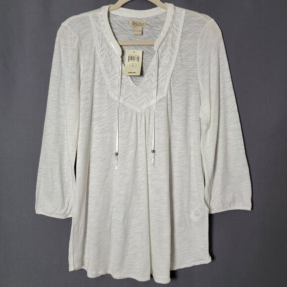 Lucky Brand Womens White Boho Crochet Heathered Sheer Embellished Lace Up Top L - Picture 2 of 11